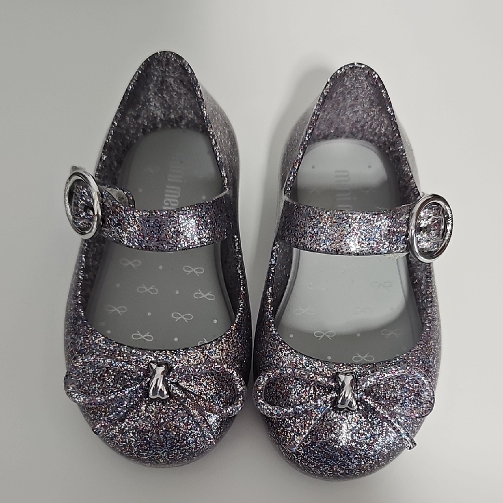 Mini Melissa Silver Dress Shoes with Bow and Glitter